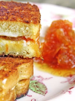 Carrot Cake Grilled Cheese Sandwiches made with homemade Carrot Cake Jam, cream cheese and buttery griddled bread! Cut into sticks or triangles for a fun kid friendly sandwich, or skip the butter and griddle and serve these up at your next tea party!
