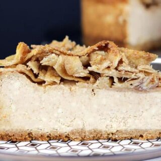 Slice of cheesecake patterned plate.