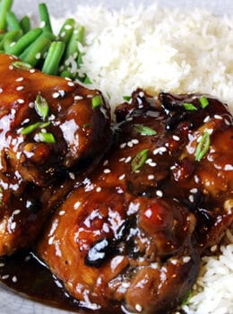 5 ingredients marinade in a ziploc back during the day and get baked in the oven just in time for your rice to steam and your kids to set the table! This is a SUPER EASY weeknight meal that takes 5 minutes of prep in the morning or night before! This will make it's way into your weekly rotation!