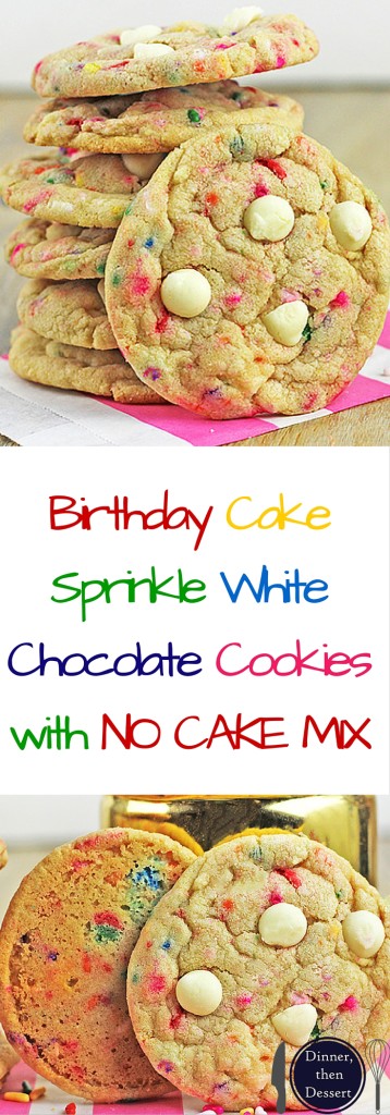 Chewy, crispy delicious cookies that taste like a delicious birthday cake covered in sprinkles! A perfect treat for a birthday lunch or a birthday party dessert table, these cookies will put a huge smile on your face.
