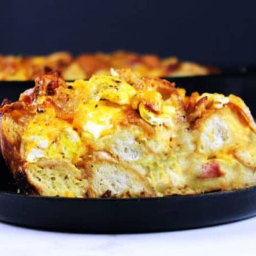 Serving of egg and cheese casserole on a plate
