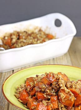 A twist on my favorite Old Fashioned Sweet Potatoes, these are topped with a crispy Pecan-Oat crust and are a perfect side dish to your dinner. Roasted in the oven and covered in spiced brown sugar and butter, they will make your whole house smell like the holidays are here already!