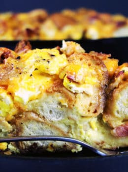 A quick and easy egg bake casserole with all the flavors and textures of a egg, bacon and cheese bagel sandwich. You can even make it ahead, the night before and just bake it off in the morning.