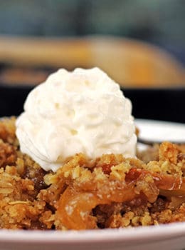A Fall favorite full of sliced apples, cinnamon, brown sugar, butter and oats baked crisp. Top with whipped cream for a perfect cold weather favorite or top with a scoop of ice cream you're still experiencing this never-ending heat wave with the rest of us.