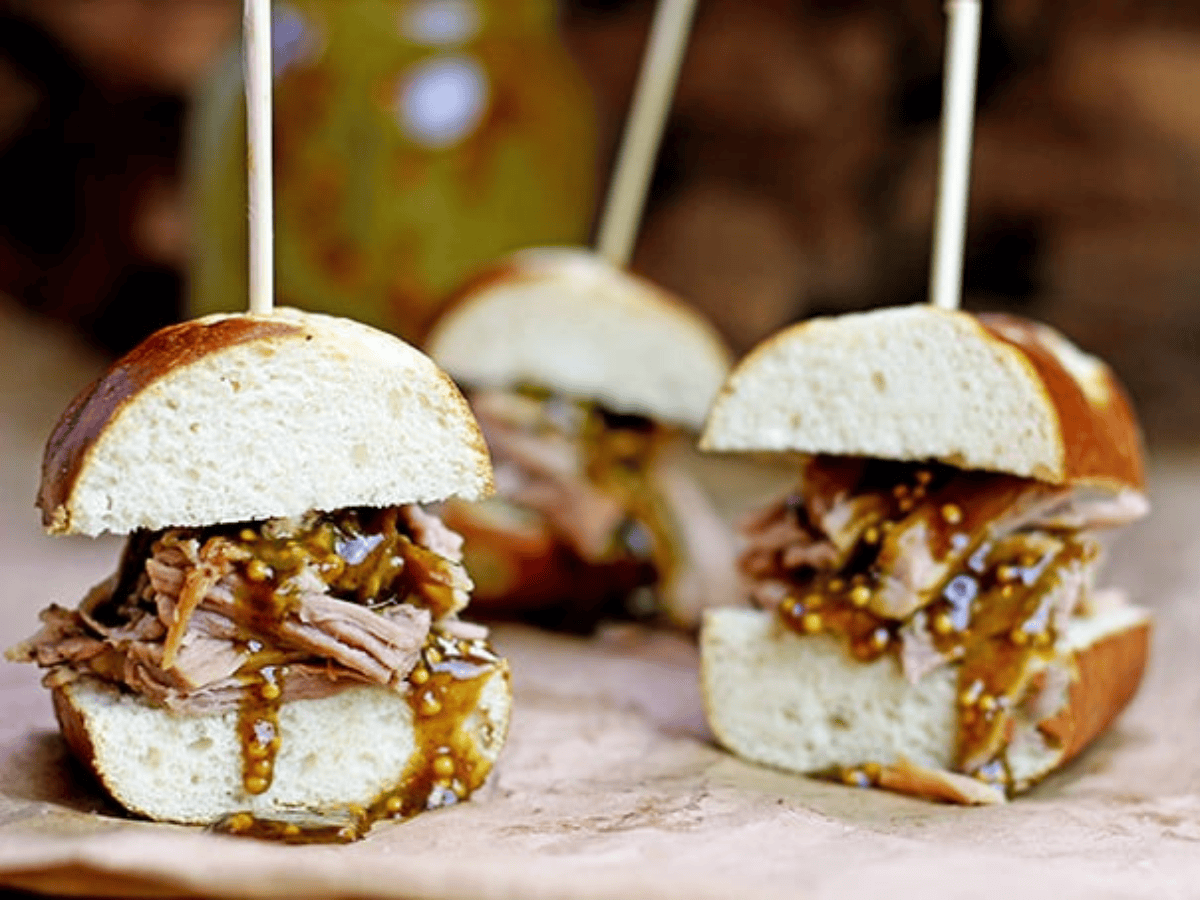 pork slider on pretzel bun