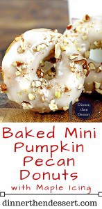 Baked Mini Pumpkin Donuts with Maple Icing. Tender Pumpkin baked donuts that are made in one bowl and bake in 8 minutes are covered in a quick two ingredient maple icing and finally are topped with crunchy pecans. It will look like you're a pro in the kitchen but these are a cinch to make!