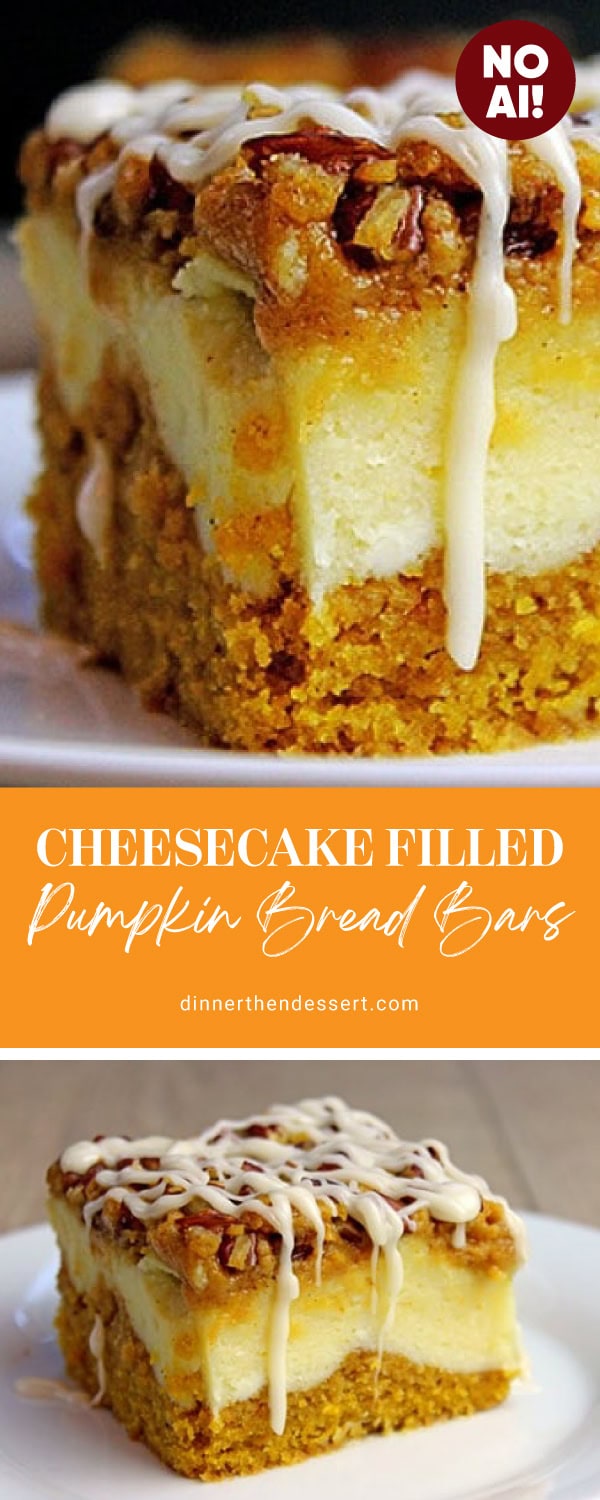 Collage of individual cheesecake bars on plate with recipe name between photos