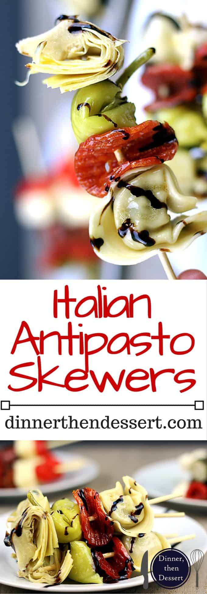 Italian Antipasto Skewers: The spice of the pepperoni, the sweet vinegar of the balsamic glaze, the tender tortellini filled with ricotta and spinach, the briney flavor of the pepperoncini and the artichoke heart. This skewer is going to be a solid contender for favorite bite at your next party! 