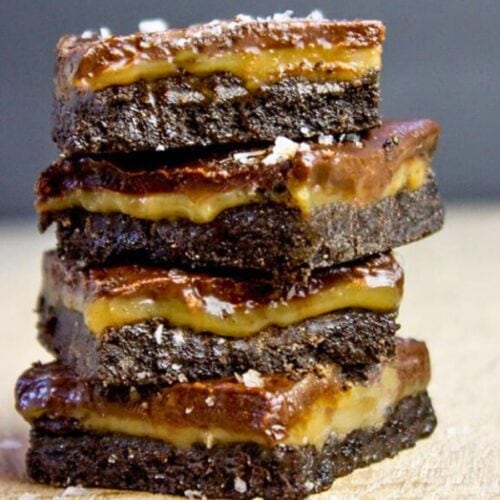 Stack of chocolate squares with caramel filling