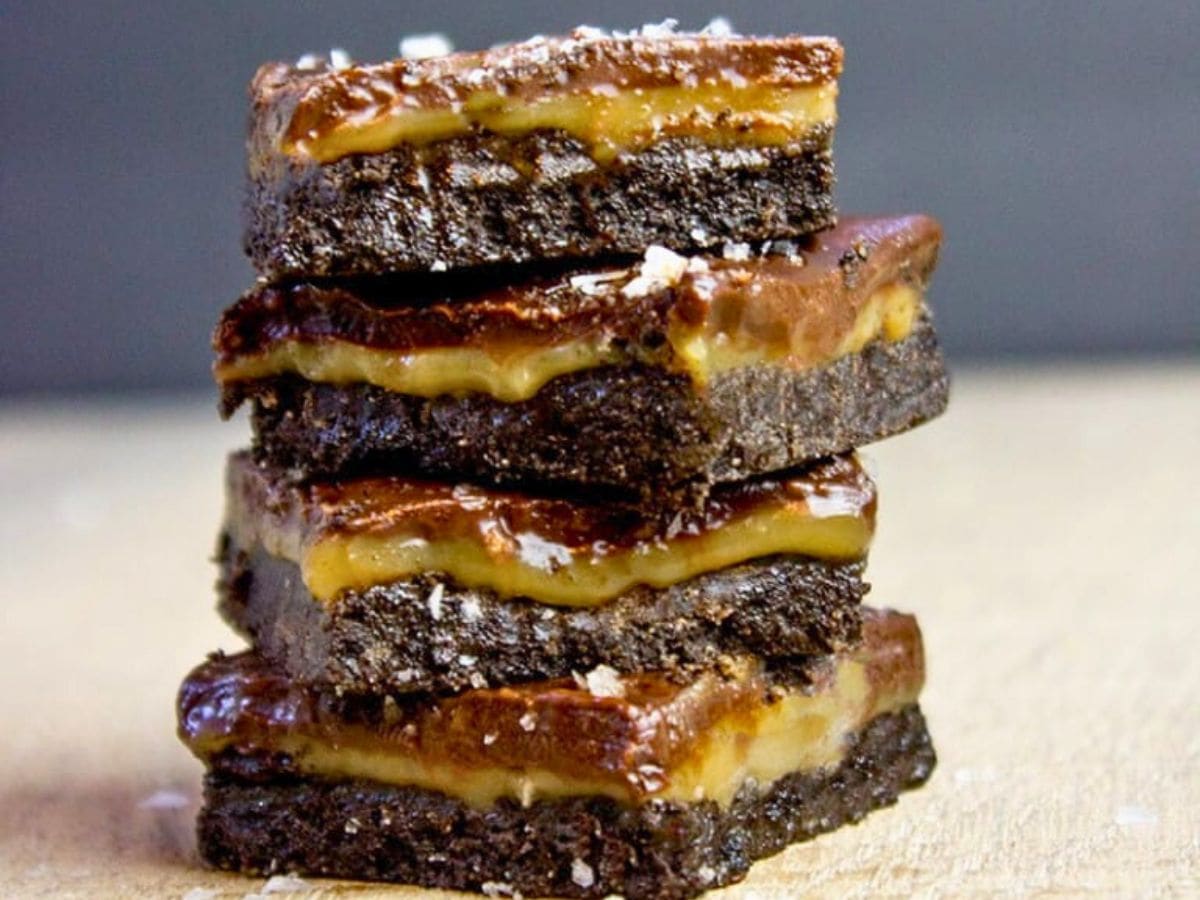Stack of chocolate squares with caramel filling