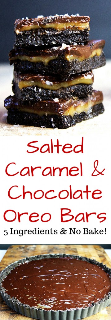 Five ingredients (ok, ok, and salt!) and about 10 minutes on the stovetop are all that stand between you and these ridiculously indulgent amazing Salted Caramel & Chocolate Oreo Bars that are no bake!