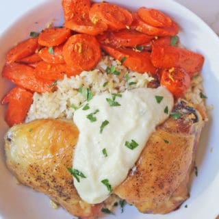 Zankou Chicken Copycat Bowl with their Chicken with Brown Rice Pilaf, Armenian Garlic Sauce & Lemon Scented Carrots.
