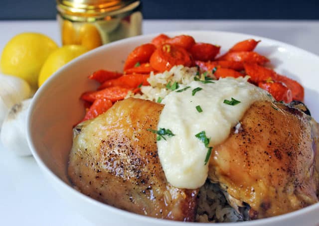 Zankou Chicken Copycat Bowl with their Chicken with Brown Rice Pilaf, Armenian Garlic Sauce & Lemon Scented Carrots.