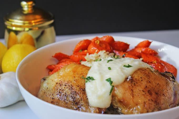 Zankou Chicken Copycat Bowl with their Chicken with Brown Rice Pilaf, Armenian Garlic Sauce & Lemon Scented Carrots. Serve with hot peppers and pickled turnips for a totally authentic experience.