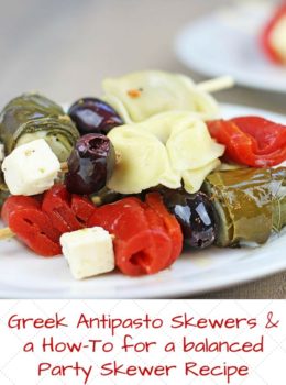 Your guests will love these cocktail party appetizers! Garlicky tortellini, stuffed grape leaves, feta, olives and peppers with almost no effort!