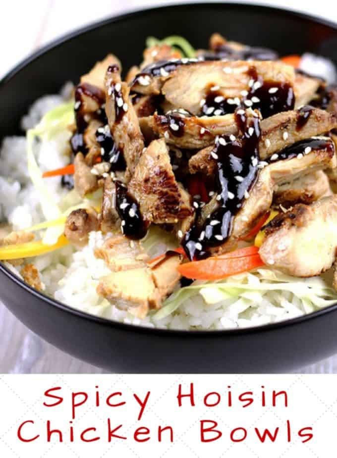 Spicy hoisin topped marinated Asian chicken is served over wilted cabbage, carrots and sticky rice in a quick weeknight meal that is sure to please your palate, your busy night and your need for a healthy meal!
