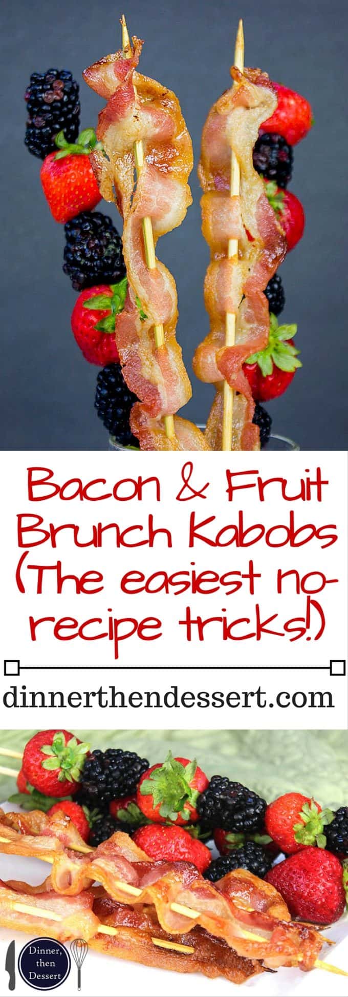 Bacon is threaded onto a soaked bamboo skewer and baked perfectly crisp in the oven while a mixed berry kabob is lightly flavored with a hint of sweetness, lemon and mint. Your brunch guests will LOVE these skewers.