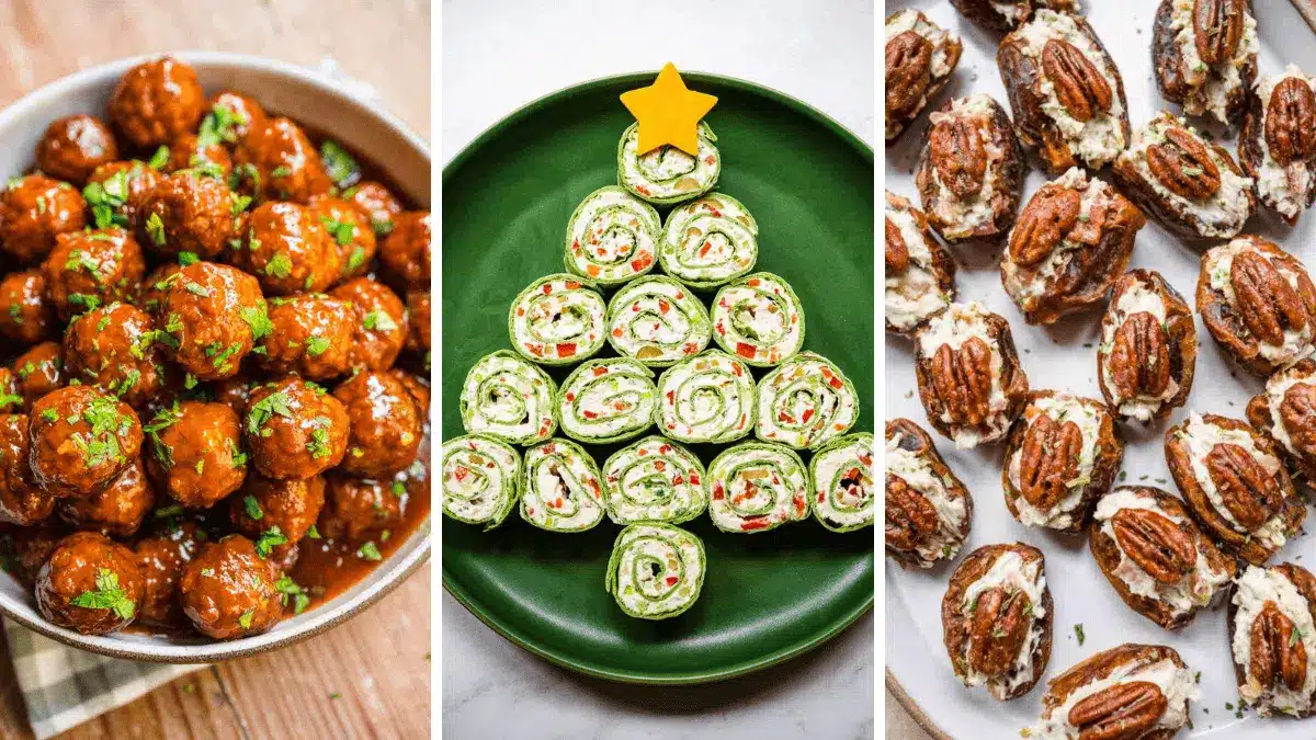 3-image collage of meatballs, pinwheel wraps, and a pecan date appetizer