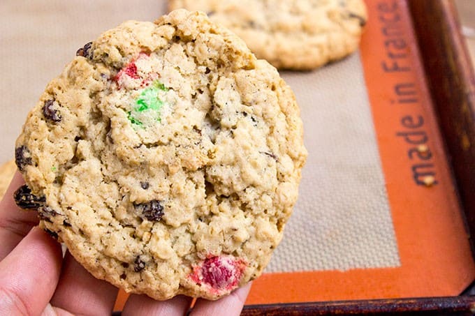 Super Chewy Oatmeal Raisin M&M Cookies are full of oats, raisins, M&Ms, brown sugar (this makes them super moist and chewy) and they stay fresh covered for a week...if they last that long!