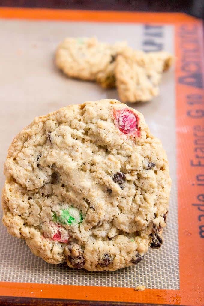 Super Chewy Oatmeal Raisin M&M Cookies are full of oats, raisins, M&Ms, brown sugar (this makes them super moist and chewy) and they stay fresh covered for a week...if they last that long!