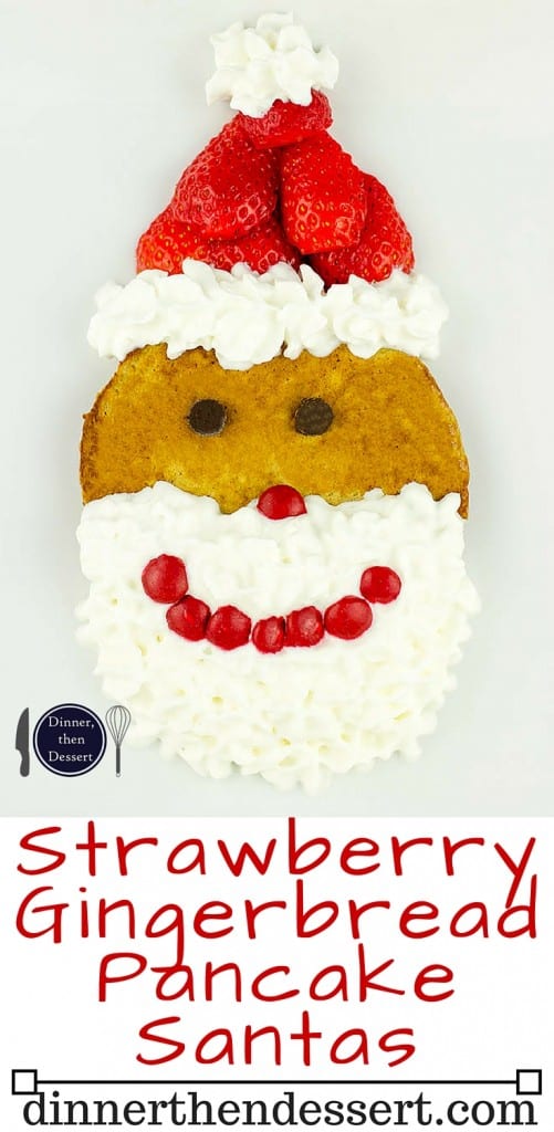 Delicious homemade Gingerbread Pancakes dressed up as Santa! Quick, easy, and so cute!