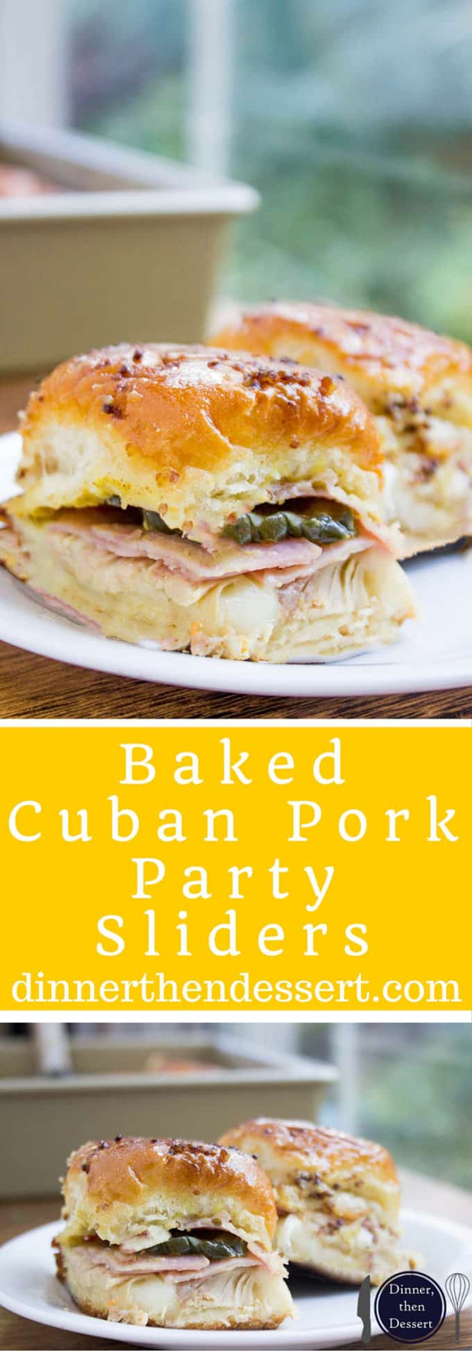 Baked Cuban Pork Party Sliders have pork shoulder, sliced ham, Swiss cheese, pickles, brown mustard and a butter whole grain mustard topping make these party sliders a perfect gameday treat and put the standard ham and cheese versions to shame.
