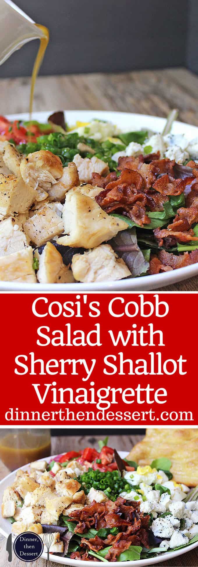 Cosi Cobb Salad with grilled chicken, bacon, eggs, gorgonzola and more topped with Cosi's signature Sherry Shallot Vinaigrette dressing.