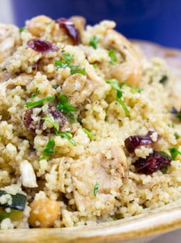 One pot Moroccan Chicken, Couscous and Vegetables is a quick dinner that is done in less than 30 minutes. Healthy, full of warm spices with burst of bright flavor from the cranberries and lemon juice.