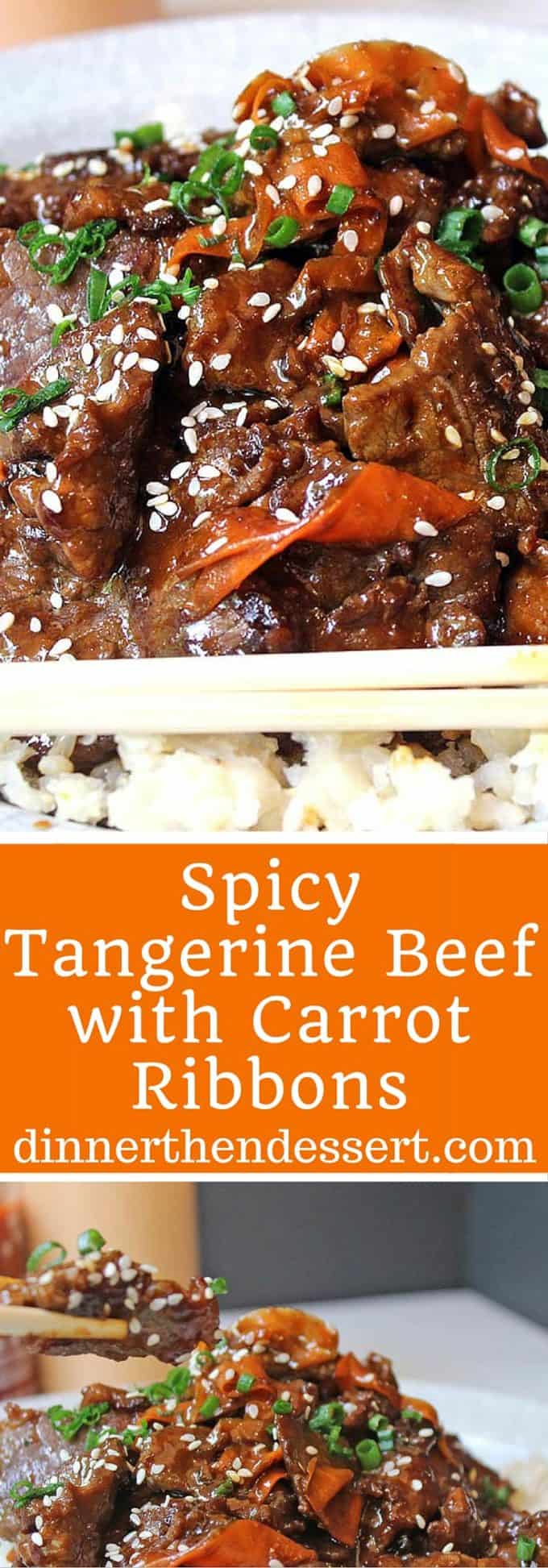 Tender beef simmered in spicy garlic orange sauce with carrot ribbons. Tastes like a cross between orange beef and Mongolian beef!