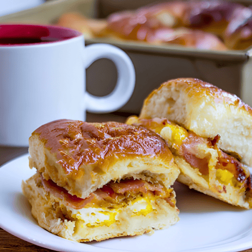 two small breakfast sandwiches on a white plate with a coffee mug on the table