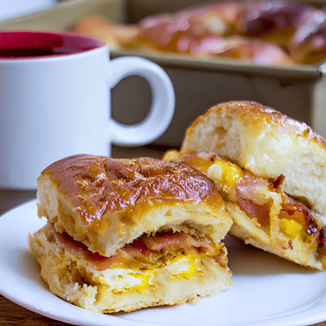two small breakfast sandwiches on a white plate with a coffee mug on the table