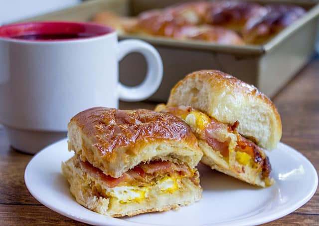 Hawaiian Sliders on plate with cup of coffee
