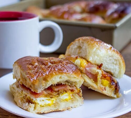 Hawaiian Sliders on plate with cup of coffee