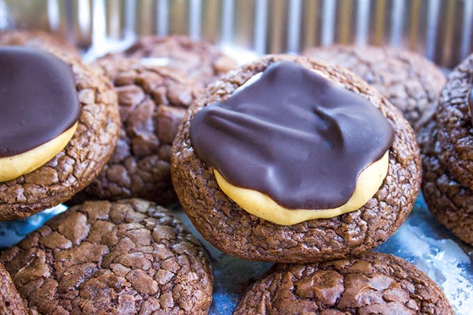 Crispy, chewy, rich Buckeye Brownie Cookies topped with a sweetened peanut butter topping and semisweet chocolate is the perfect chocolate peanut butter combo!