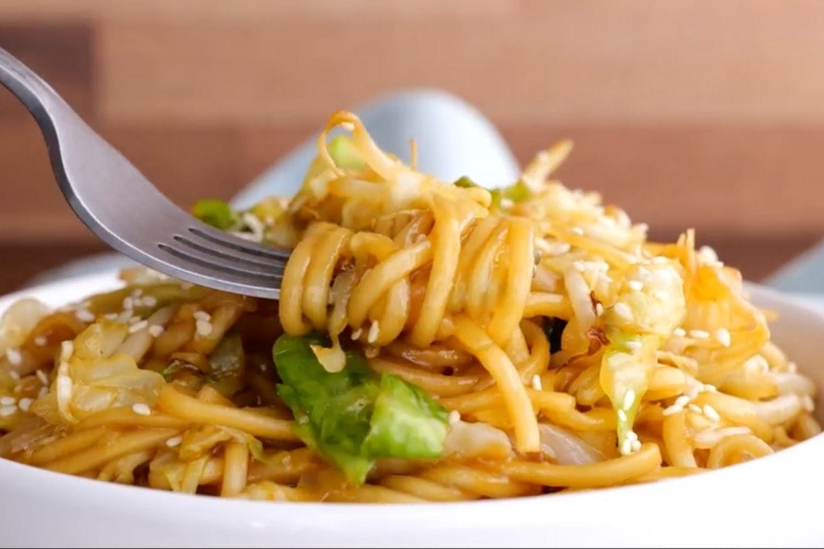 Classic Chinese Chow Mein in bowl with fork