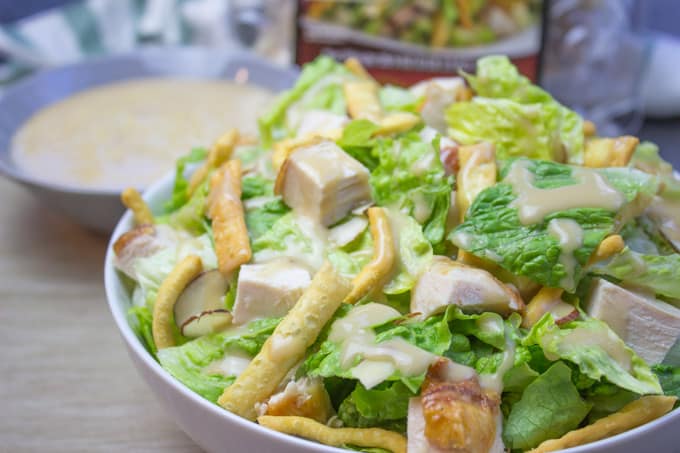 All the flavors of the Costco Chinese Style Salad Kit without the 10$ price tag and the prepackaged chicken. Delicious honey miso dressing with chicken, almond and crispy toppings.