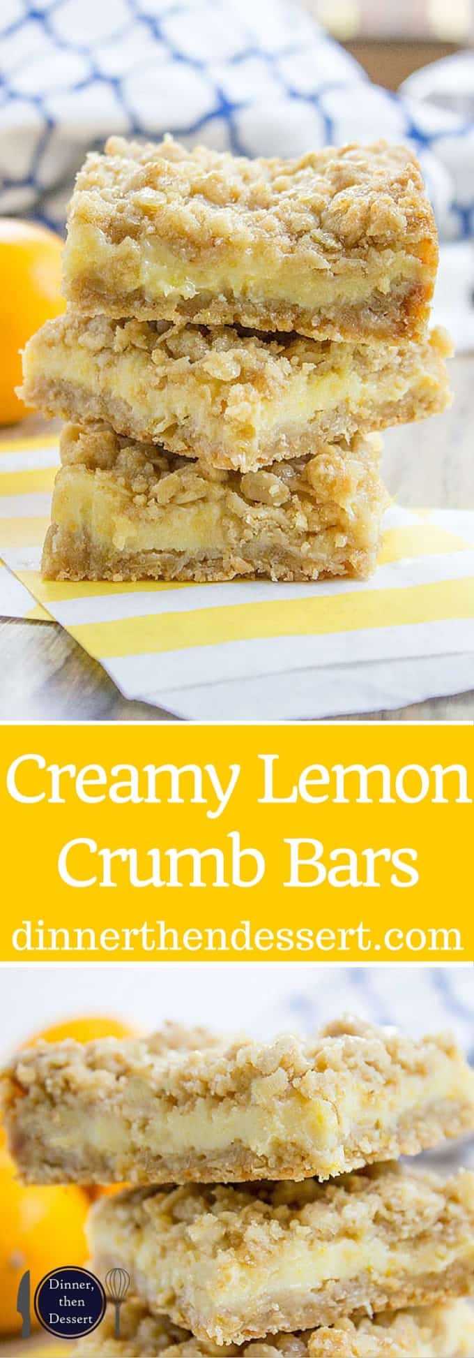 Easy Creamy Lemon Crumb Bars with a quick oatmeal crumb base and a sweet and tart creamy lemon filling.