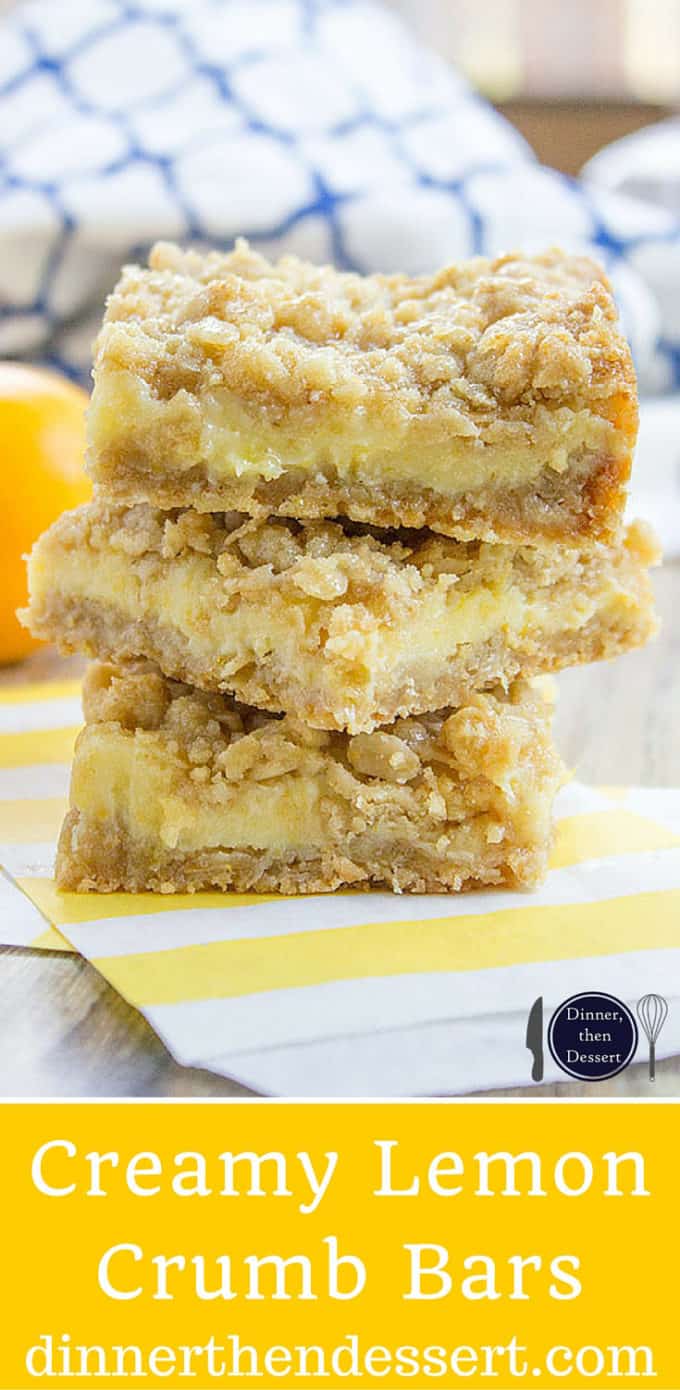 Easy Creamy Lemon Crumb Bars with a quick oatmeal crumb base and a sweet and tart creamy lemon filling.