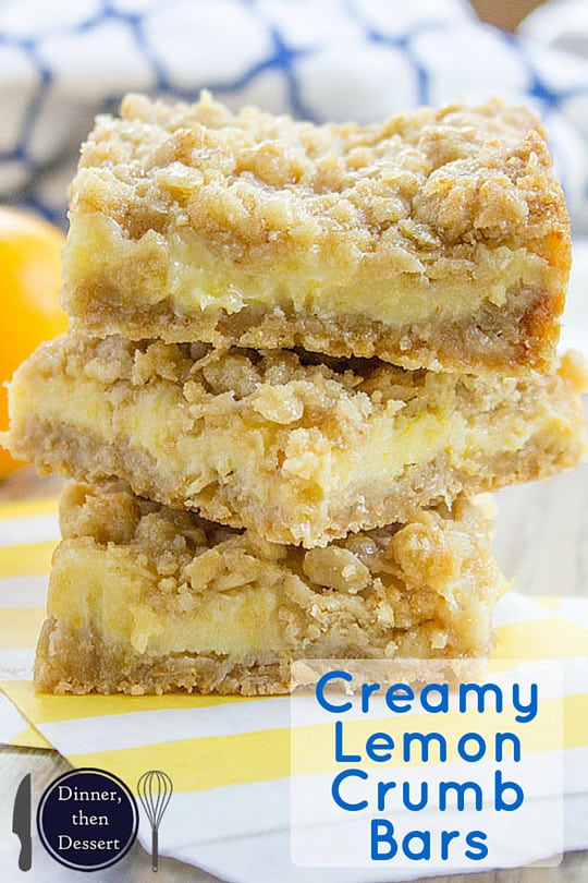 Easy Creamy Lemon Crumb Bars with a quick oatmeal crumb base and a sweet and tart creamy lemon filling.