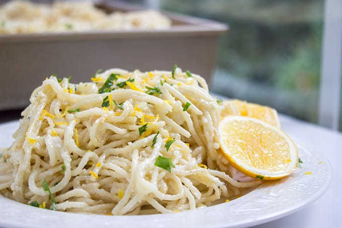 Creamy Parmesan Lemon Baked Pasta made with just 5 ingredients (plus salt, pepper and olive oil)! Crispy on top and creamy inside with fresh lemon juice and lemon zest on top.