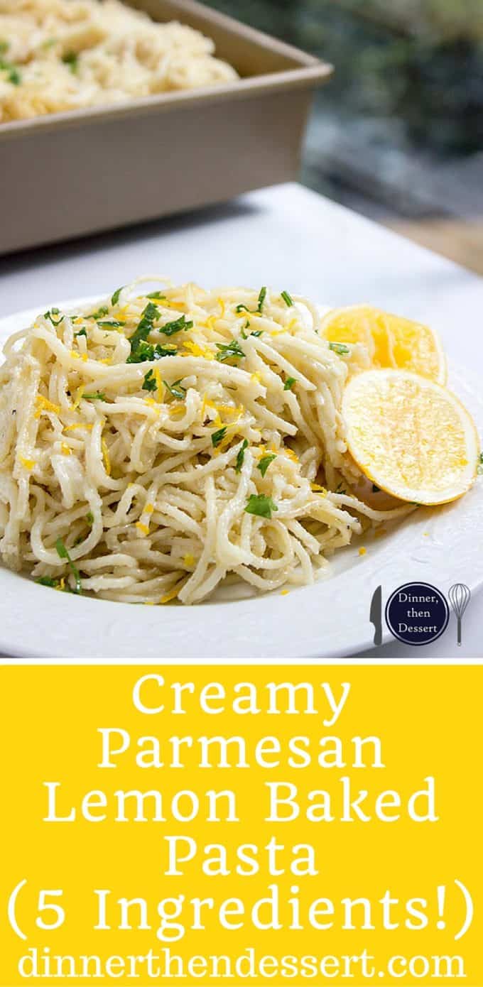 Creamy Parmesan Lemon Baked Pasta made with just 5 ingredients (plus salt, pepper and olive oil)! Crispy on top and creamy inside with fresh lemon juice and lemon zest on top.