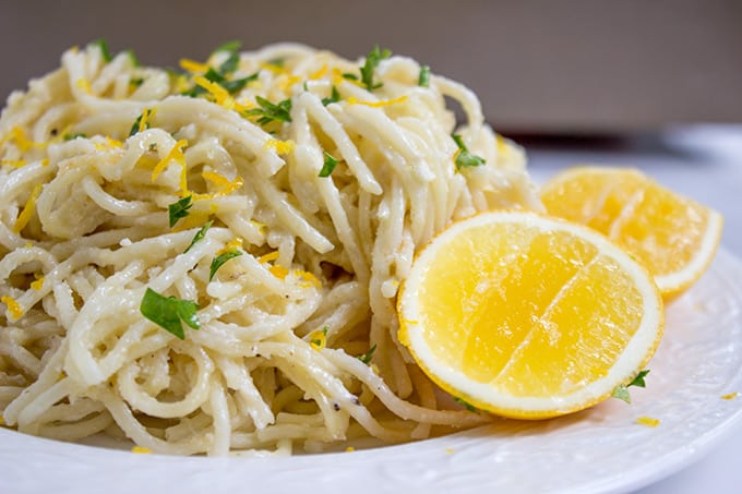 Creamy Parmesan Lemon Baked Pasta made with just 5 ingredients (plus salt, pepper and olive oil)! Crispy on top and creamy inside with fresh lemon juice and lemon zest on top.