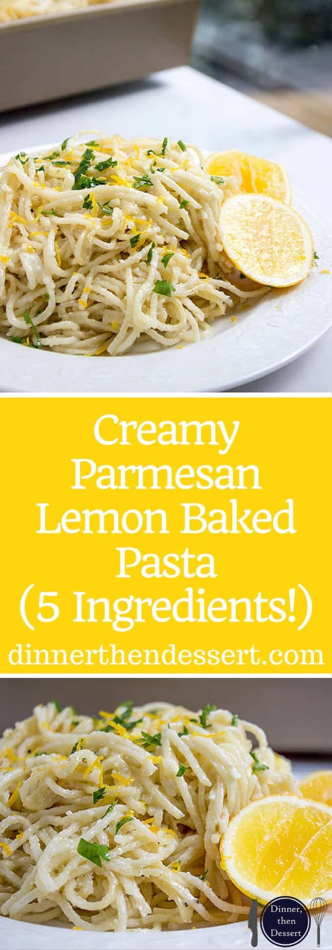 Creamy Parmesan Lemon Baked Pasta made with just 5 ingredients (plus salt, pepper and olive oil)! Crispy on top and creamy inside with fresh lemon juice and lemon zest on top.