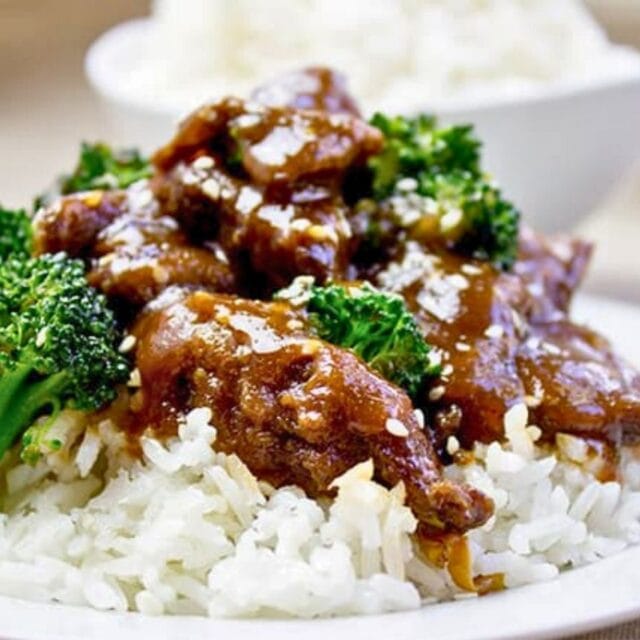 beef and broccoli served over rice