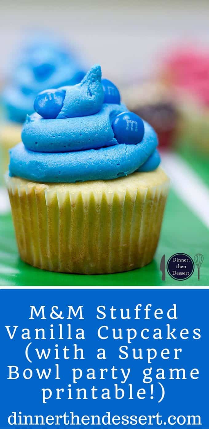 M&M's Stuffed Easy Vanilla Cupcakes with Vanilla Frosting and the stuffing makes for a fun party game for teams! (with a Super Bowl party game printable!)