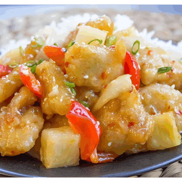 sliced chicken, peppers, veggies, and rice on a plate