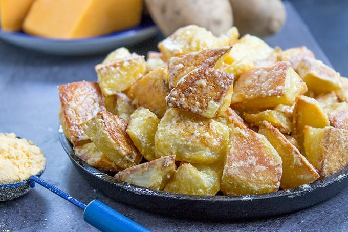 Cheddar and Sour Cream Roasted Potatoes have all the flavors of Cheddar and Sour Cream Potato Chips on freshly roasted potatoes! Made with 100% natural powdered cheddar and sour cream and totally craveable!