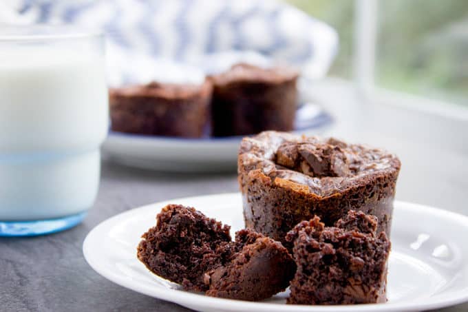 Easy Dark Chocolate Chunk Brownies on a plate with a glass of milk