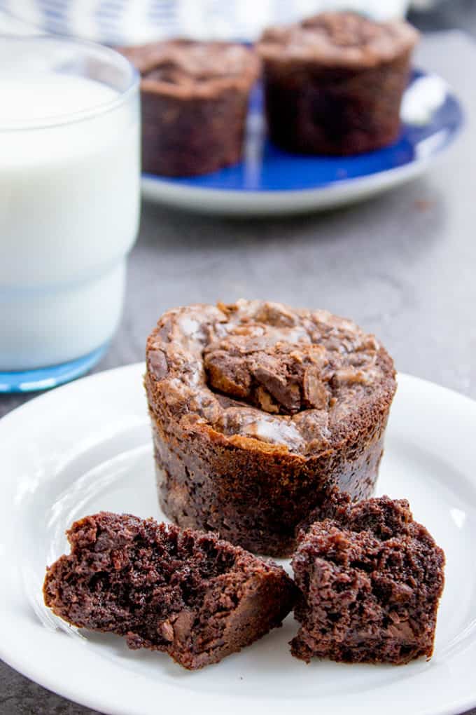 Easy Dark Chocolate Chunk Brownies on a plate with a glass of milk.