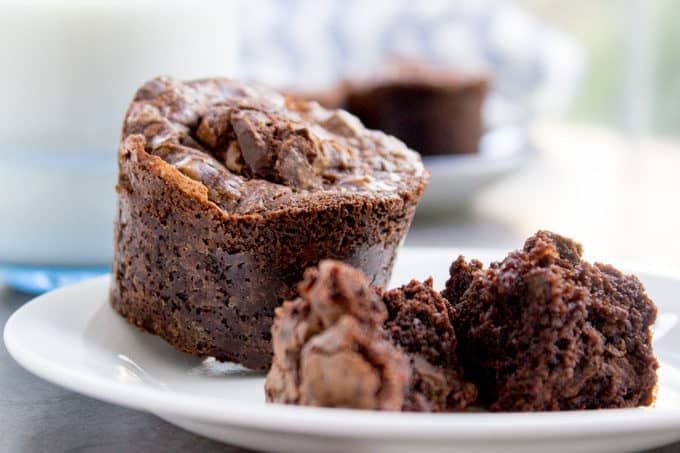 Easy Dark Chocolate Chunk Brownies  on a plate with a glass of milk